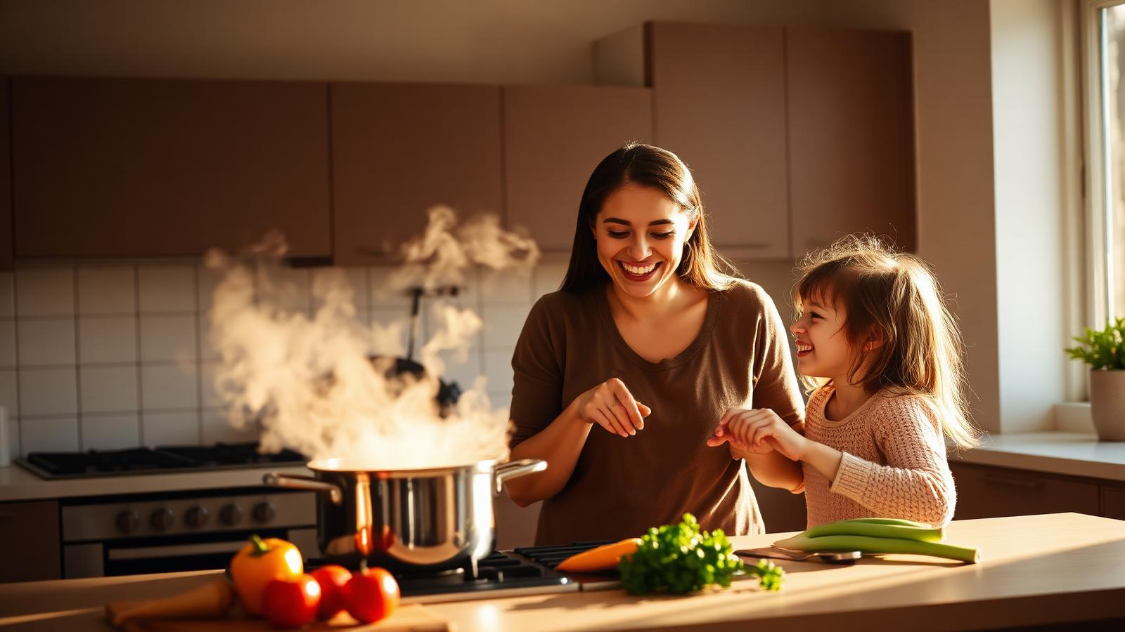 Mãe e filha cozinhando juntas
