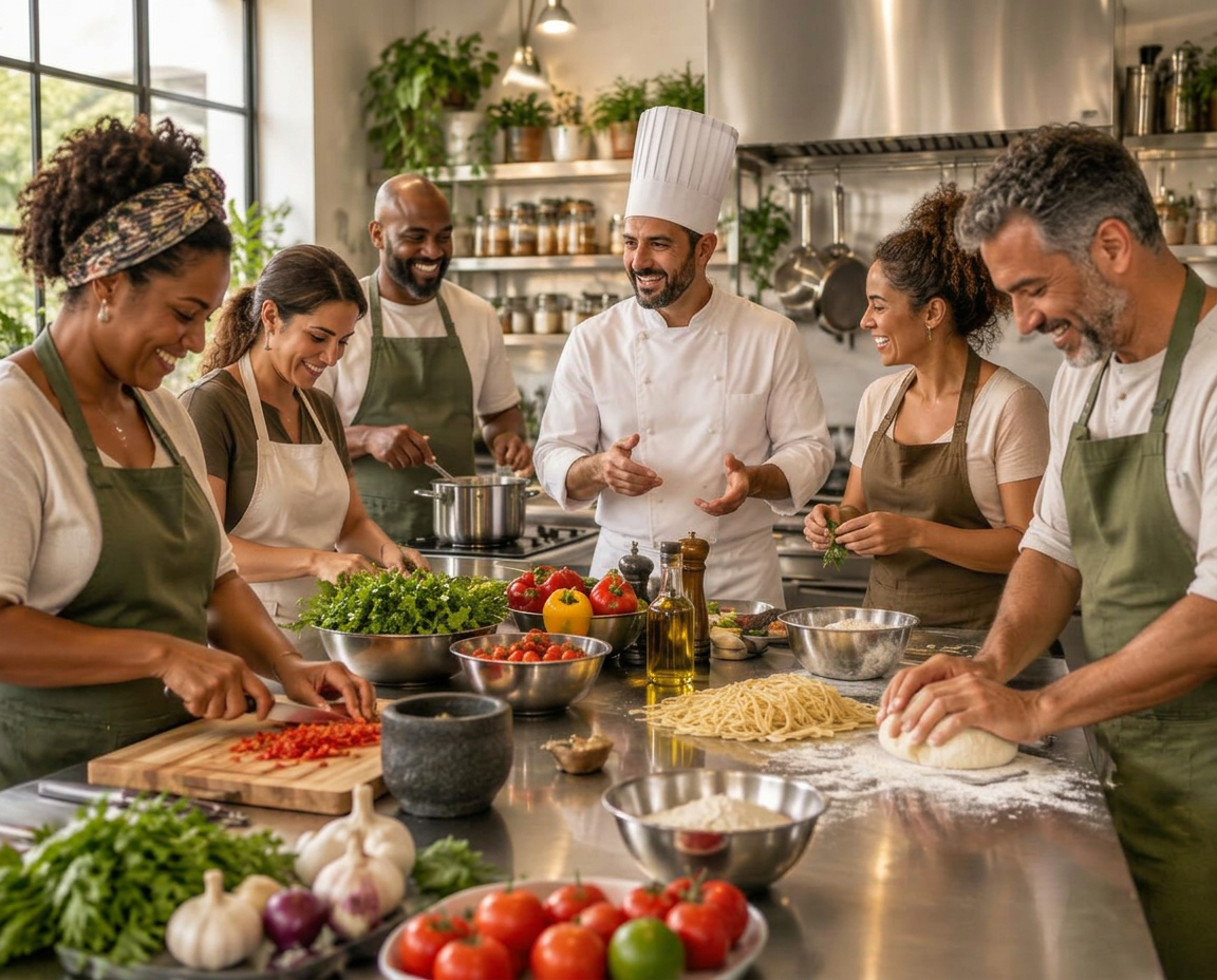 Grupo preparando pratos com a orientação de um chef em uma cozinha profissional